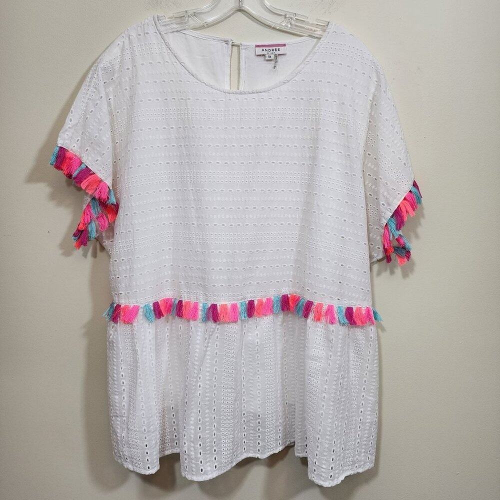 Andree by unit eyelet short sleeve shirt with neon tassel detail woman's size 1X